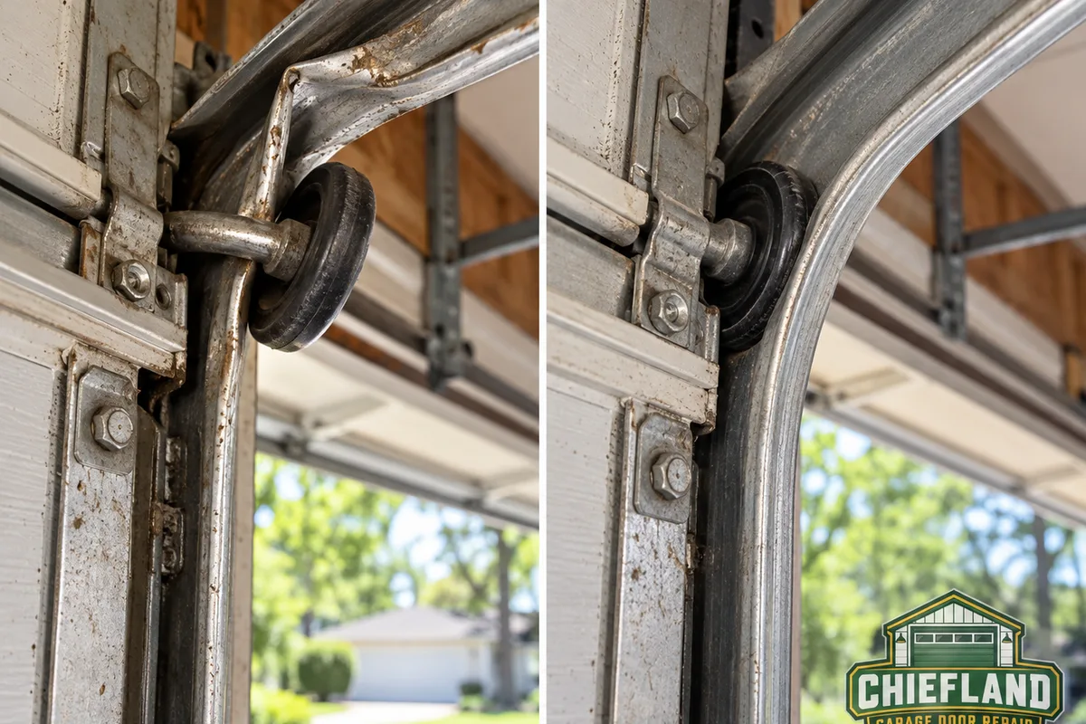 Before-and-after comparison of a crooked sectional garage door restored to level track travel
