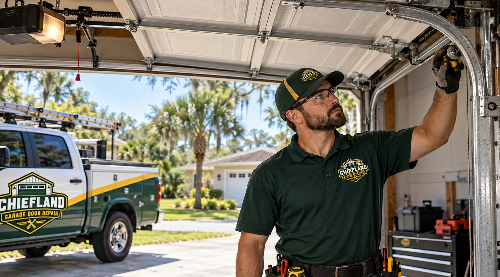 Technician inspecting residential garage door rollers, tracks, cables, and spring assembly in North Florida