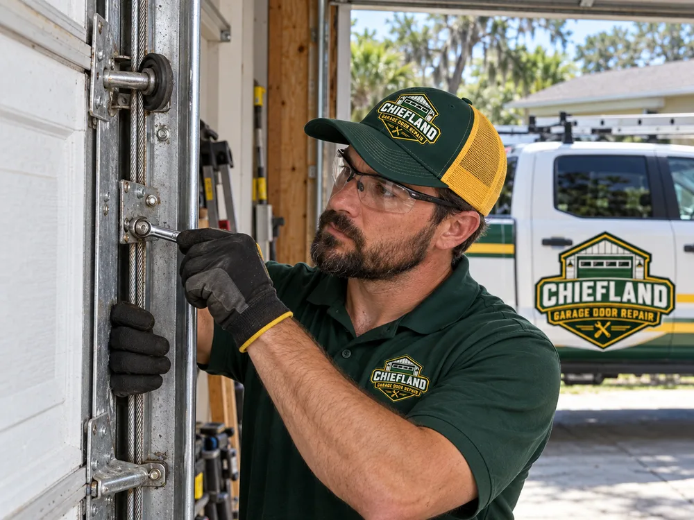 Garage door technician checking cable tension, roller travel, and track alignment
