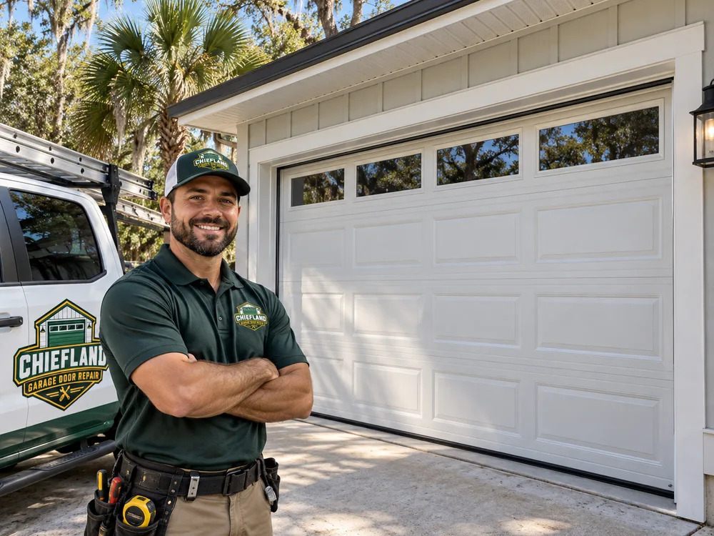 Residential garage door operating evenly after roller, track, cable, and opener checks