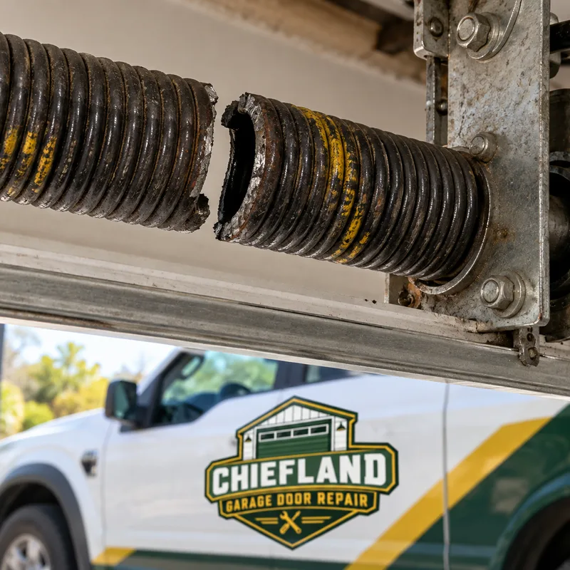Torsion spring assembly above a garage door beside an extension spring and safety cable near a horizontal track