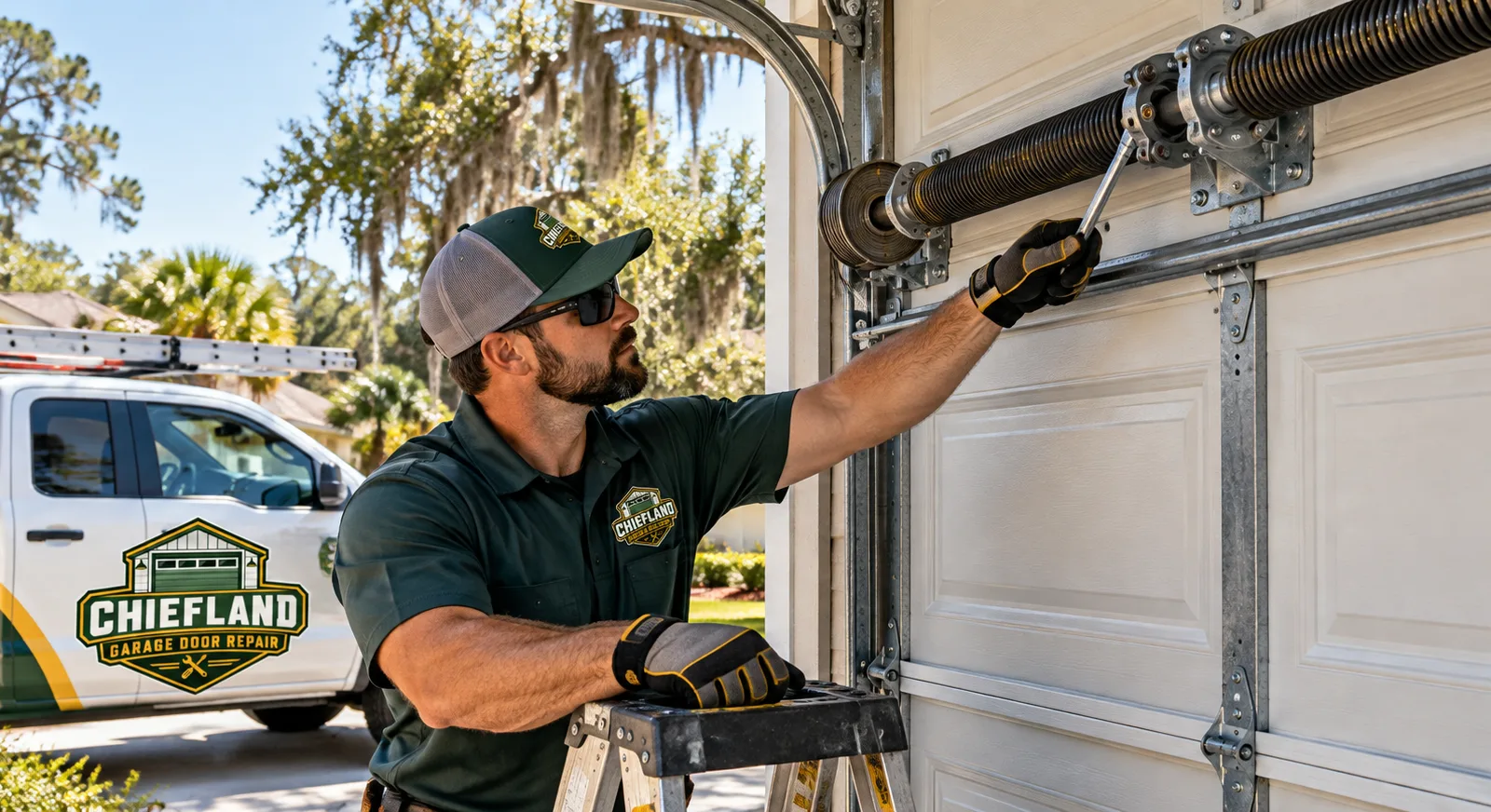 Residential garage door technician safely inspecting a broken torsion spring mounted over a closed garage door
