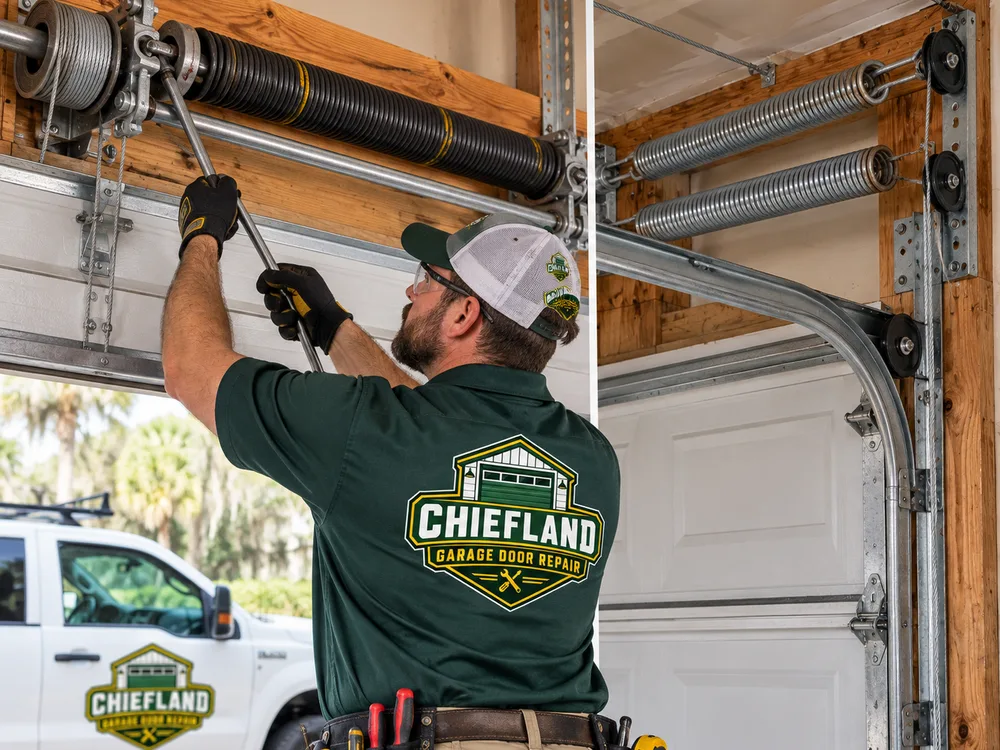 Correctly sized winding bar seated in a torsion spring winding cone while the garage door remains secured closed