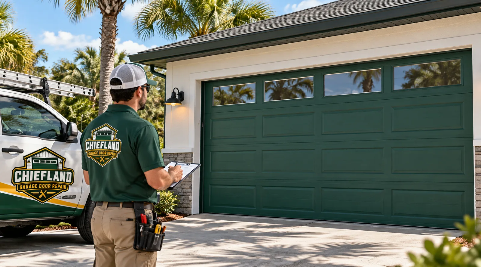 Newly installed insulated steel garage door on a single-family Florida home with clean trim and aligned tracks