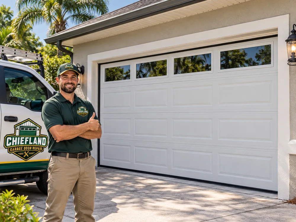 Side-by-side view of a dented weathered garage door and the same opening after installation of a fitted new steel door