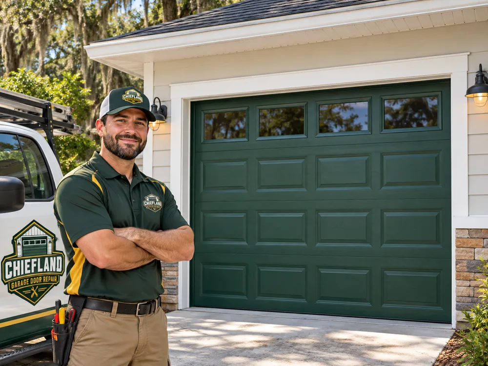 Clean white traditional-panel steel garage door installed on a Florida home with perimeter seals and matching trim
