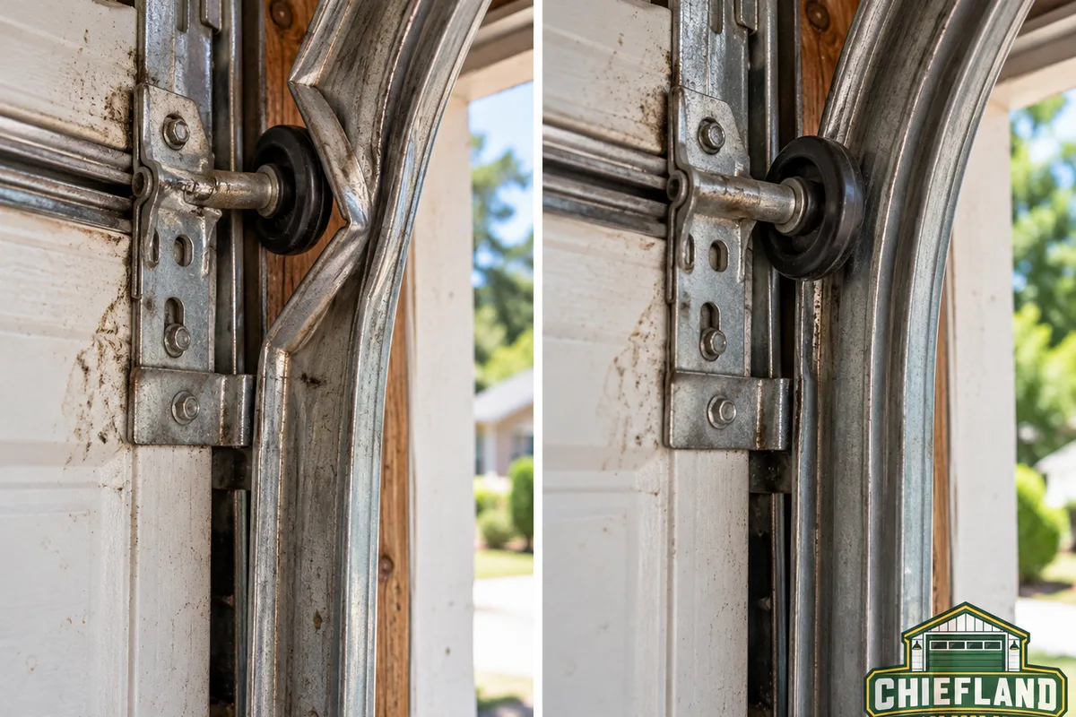 Side-by-side view of a garage door roller displaced from a bent track and correctly realigned after repair