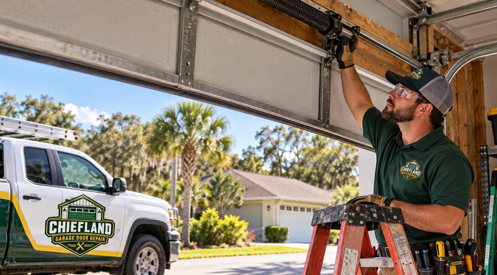 Technician inspecting the tracks and spring assembly of a residential garage door stopped partway open