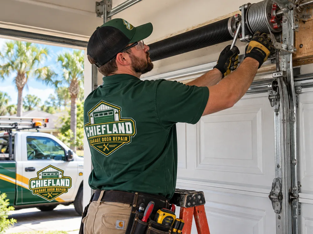 Technician checking spring condition and cable alignment above a closed residential garage door