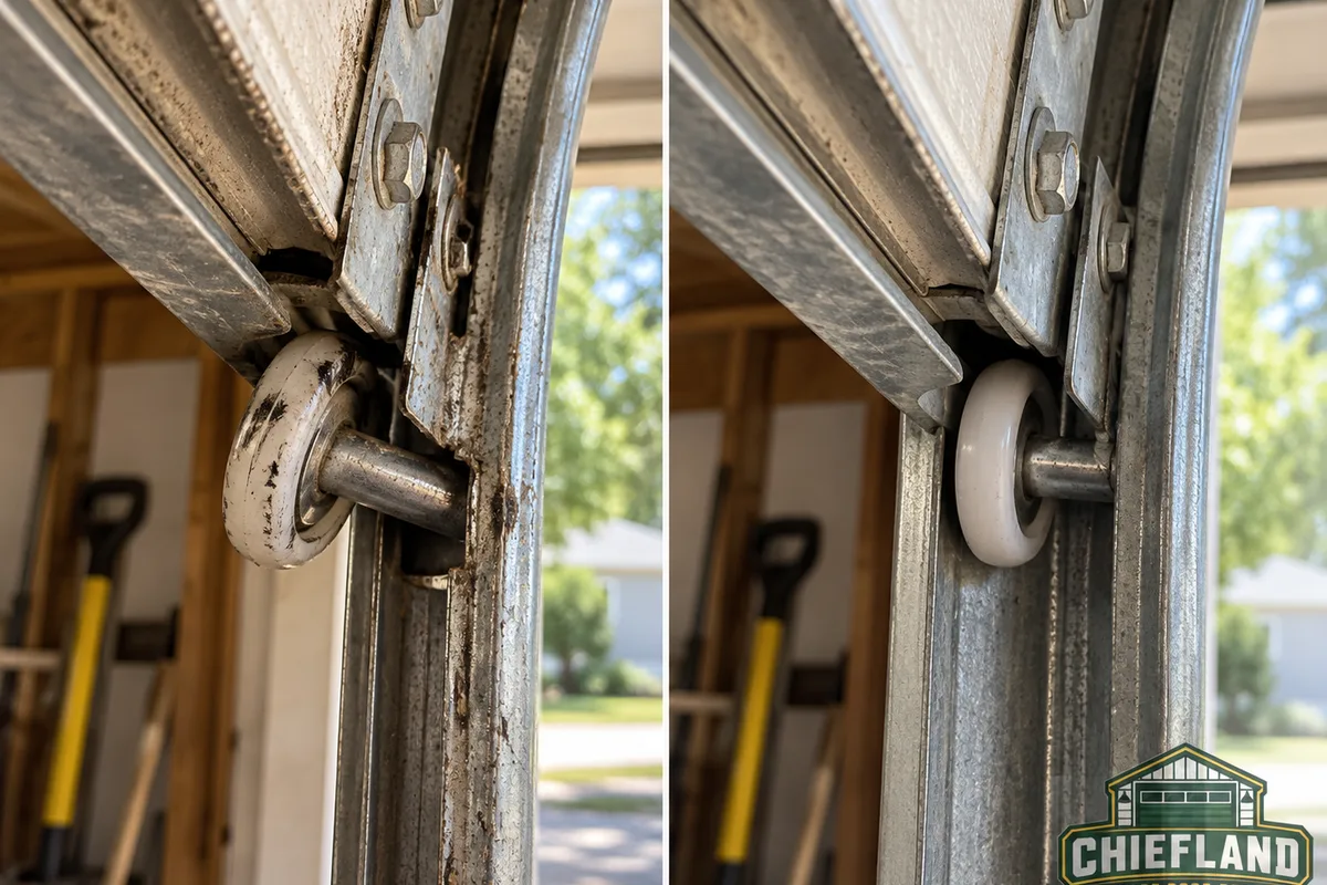 Close views of an off-track garage door roller before and after proper roller placement and track alignment