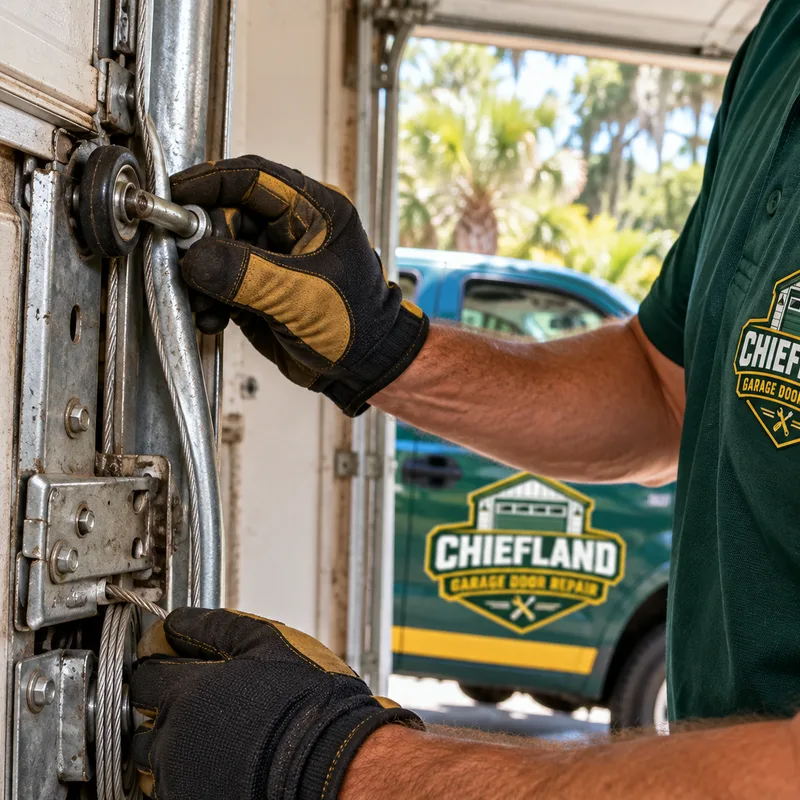 Garage door technician inspecting a displaced roller, bent vertical track, mounting brackets, and lift cable