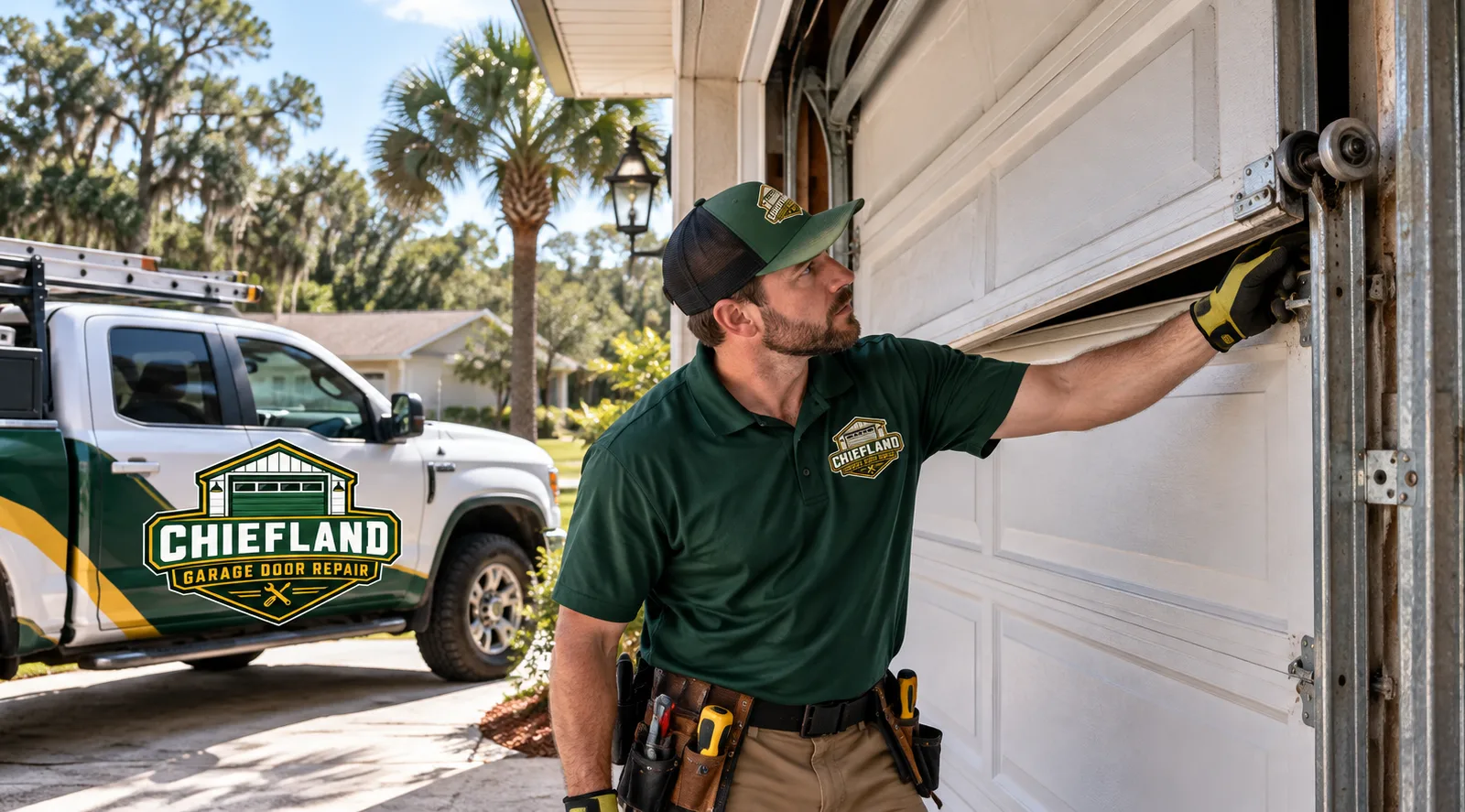 Residential garage door secured for inspection with one roller displaced from the vertical track